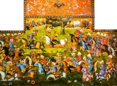 Bataille de Taher-Abad ou Bataille de Merv avec victoire de Shah Ismail I sur Muhammad Shaybani Khan, Salle de Réception, Chehel Sotun, 1647 - Persian School