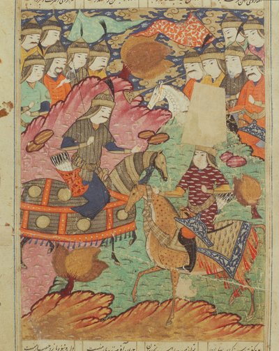 Duel à cheval entre Rostam et Afrasiab, illustration du Shahnama (Livre des Rois) par Abul-Qasim Manur Firdawsi (c.934-c.1020) 1619 - Persian School