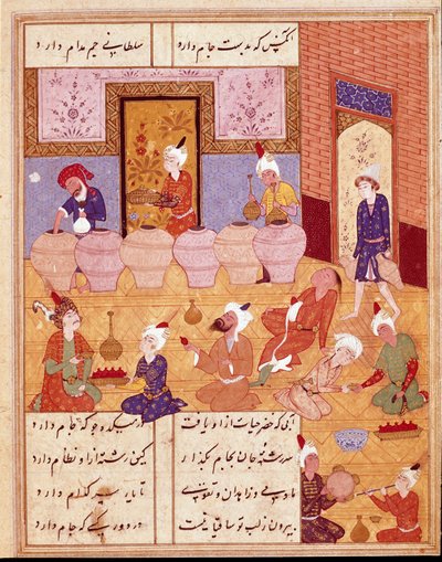 Art islamique : banquet avec musiciens (miniature illustrant les poèmes du poète persan Hafez) - Persian School