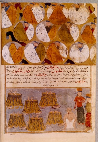 Tentes mongoles et prisonniers de Gengis Khan : Gengis Khan fait jeter les partisans de Djamuqua, un Mongol de la tribu des Jadjirat, dans les chaudrons. Miniature persane tirée de « Jami al-tawarikh » (Histoire universelle) - Persian School