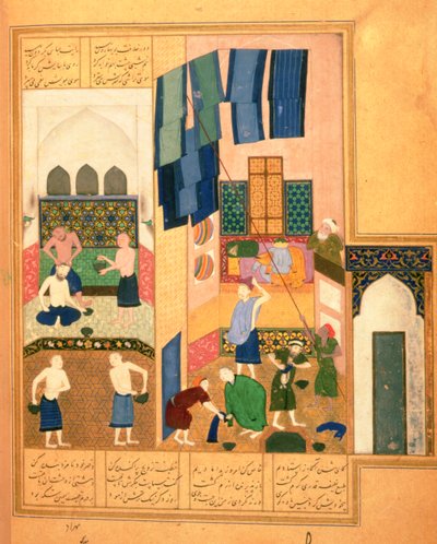 Harun al-Rashid et le barbier dans un bain turc - Persian School