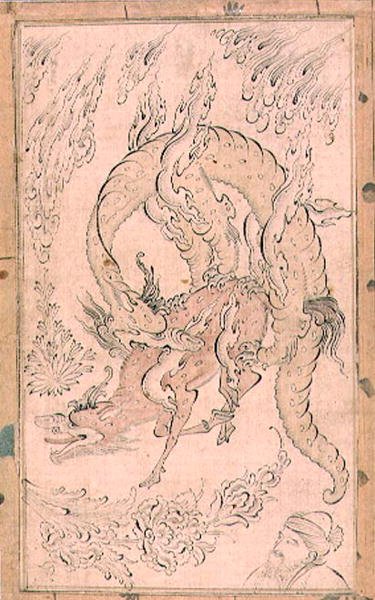 Kylin dévoré par un dragon, peint possiblement par Inayat Allah - Persian School