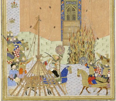 (détail) La forteresse de Gang Dizh attaquée avec des mines, illustration du Shahnama (Livre des Rois) - Persian School