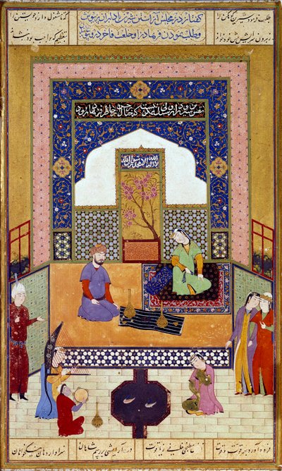 La princesse Shirin reçoit Farhad dans son château miniature persan illustrant un épisode du Khamsa de Nizami - Persian School