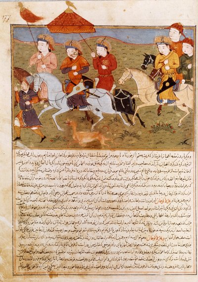 Représentation de Houlagou Khan, petit-fils de Gengis Khan à cheval. Miniature persane tirée de Jami al-Tawarikh ou Histoire universelle par l