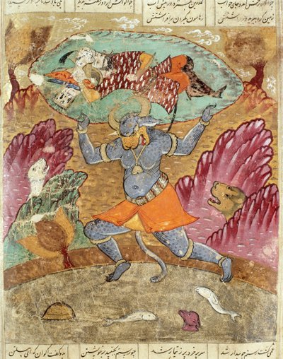 Rostam porté par Akwan-Diwa, illustration du Shahnama (Livre des Rois) par Abul-Qasim Manur Firdawsi (vers 934-vers 1020) 1619 - Persian School