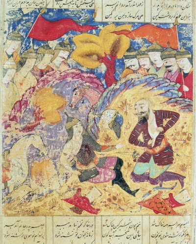 Rostam pleurant la mort de Sohrab, illustration du Shahnama (Livre des Rois) par Abul-Qasim Manur Firdawsi (c.934-c.1020) 1619 - Persian School