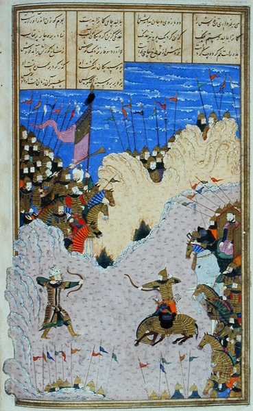 Rustam tire sur Ashkabus et son cheval, illustration du 