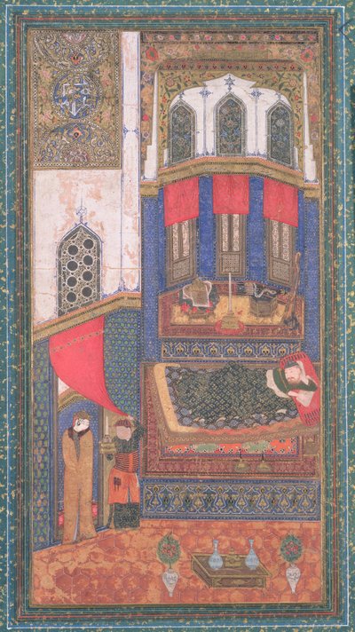 Tahmina entre dans la chambre de Rustam, illustration du Shahnama (Livre des Rois), par Abul-Qasim Manur Firdawsi, de Hérat, Afghanistan, vers 1410 - Persian School