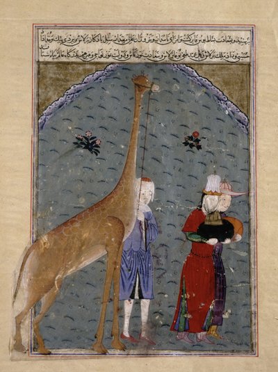 Les ambassadeurs du sultan égyptien al-Nasir Faraj ibn Barquq présentent leurs cadeaux de tribut, y compris une girafe, à Timur, illustration du Zafarnama de Sharaf al-Din Ali Yazdishiraz, 1436 - Persian School