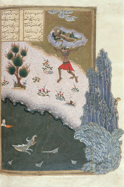 Rustam endormi transporté dans les airs par le démon Akwan, illustration du Shahnama (Livre des Rois), par Abul-Qasim Manur Firdawsi (c.934-c.1020) c.1440-45 - Persian School