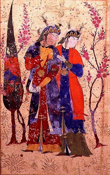 Deux princesses dans un paysage de jardin, de la Tohfat Al-Ahrar, école de Bokhara - Persian School