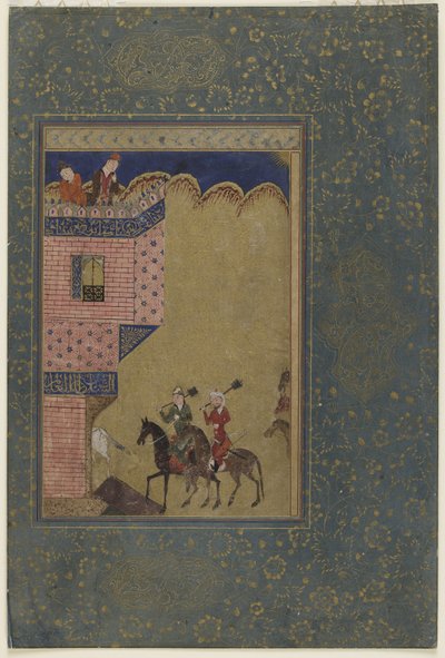 Deux cavaliers portant des masses approchant un château, c.1417-18 - Persian School