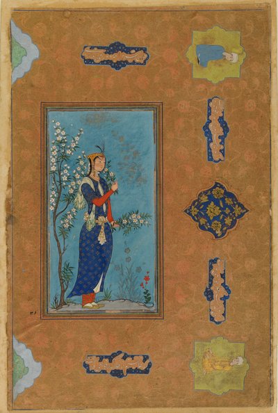 Femme avec une branche de fleurs, période Safavide, vers 1575 - Persian School