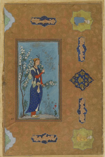 Femme avec une branche de fleurs, vers 1575 - Persian School
