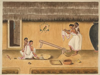 Femmes décortiquant du riz avec un dhenki, vers 1840 - Persian School