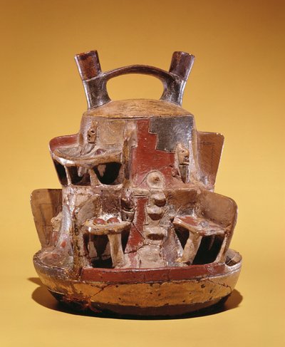 Vase en poterie représentant des maisons nichées dans les Andes - Peruvian School