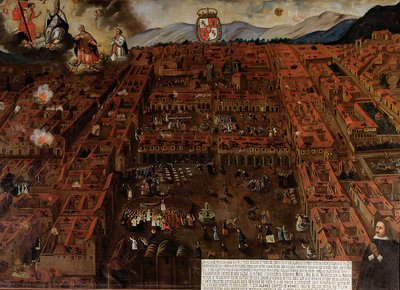 Vue de Cuzco au moment du tremblement de terre de 1650 - Peruvian School