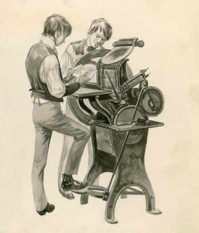 Les frères Wright enfants, imprimant leur journal appelé The Midget. Œuvre originale pour Treasure - Peter Jackson