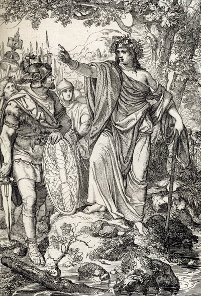 Campagnes de Germanicus : « Nero Claudius Drusus Germanicus (38-9 av. J.-C.) et son armée rencontrent une jeune femme dans les régions entre les rivières Weser et Elbe, vers 12 av. J.-C. » - Peter Johann Nepomuck Geiger