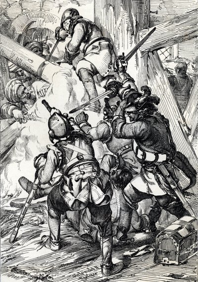 Le roi Charles (ou Carl) XII de Suède (1682-1718) défendant contre les Turcs à Bender (Bendery) février 1713, Moldavie Dessin à la plume de « Historische Memorabilian des In-und Auslandes » (Souvenirs Historiques) par Anton Ziegler - Peter Johann Nepomuck Geiger
