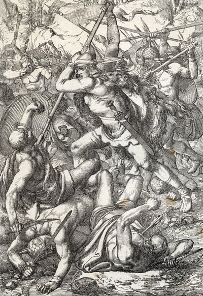 Représentation de Pélage le conquérant, roi des Asturies triomphant contre les Sarrasins, 719, Covadonga, Espagne - Peter Johann Nepomuck Geiger