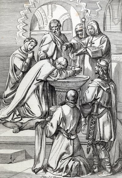 Représentation de Saint Augustin de Cantorbéry (mort en 604), envoyé en Angleterre par le pape Grégoire le Grand en 596 pour convertir les Anglo-Saxons - Il est ici devant Ethelbert, roi anglo-saxon du Kent (552? -616) qu