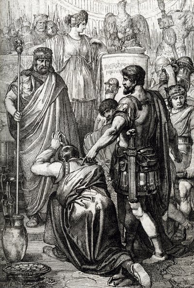 Guerre Vandale : La reddition du roi des Vandales Gélimer devant le général byzantin Bélisaire (500-565) en mars 534, Carthage, Afrique - Peter Johann Nepomuck Geiger