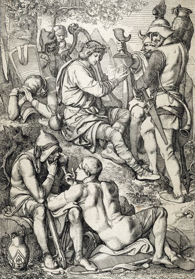 Guerre contre les Vikings : « Le roi de Wessex Alfred Ier le Grand (846-899) déguisé en harpiste entre dans le camp de Guthrum pour dérober ses plans de bataille, Somerset 878 - Peter Johann Nepomuck Geiger