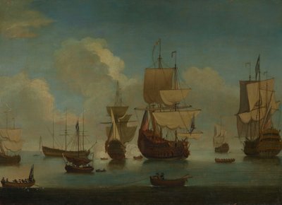 Navires de guerre anglais au mouillage, voiles séchant, début du XVIIIe siècle - Peter Monamy