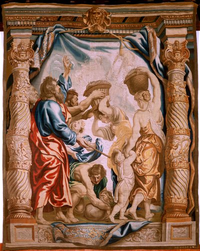Tapisserie flamande. Série Vertumne et Pomone. Septième tapisserie de la série ; Vertumne transformé en pêcheur (partie centrale). Modèles Cercle de Pieter Coecke Van Aelst et Léonard Thiry. Manufacture Atelier inconnu, Bruxelles. Avant 1550. Tissu Or, arg - Peter Paul (after) Rubens