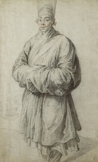 Un homme en costume coréen, portant un chapeau transparent en crin de cheval, presque en pied, un navire à gauche - Peter Paul Rubens