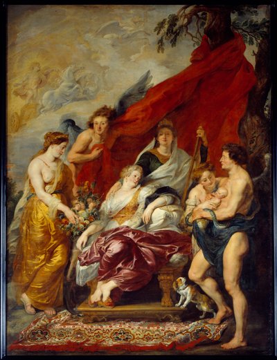 Louis XIII est né à Fontainebleau le 27 septembre 1601. Sa mère Marie de Médicis est assise sur le trône et regarde le nouveau-né - Peter Paul Rubens