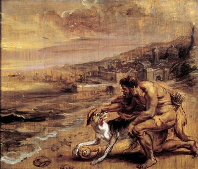 La découverte de la pourpre Un phénicien découvre grâce à son chien un coquillage (Murex) produisant la teinture rouge. Peinture à la détrempe par Pierre Paul Rubens (ou Peter Paul ou Petrus Paulus) (1577-1640) XVIIe siècle Bayonne, Musée Bonnat - Peter Paul Rubens