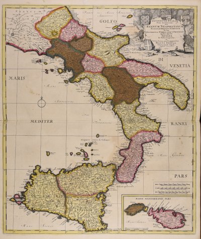 Continentis Italiae pars australior sive regnum Neapolitanum Hispaniae obediens subdivisum in suos districtus terras atque principatus quibus adjectae Sicilia in valles tripartita et contra Turcas ejus propugnaculum Malta insula - Peter Schenk the Elder