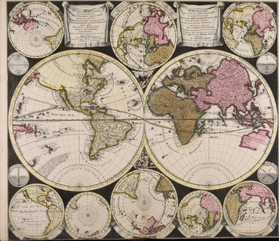 Diversa orbis Terrae visu incedente per coluros Tropicorum ambos ejus polos et particularis sphaerae zenith in planum orthographica projectio quibus additae pro variato horizonte omnium positionses eorumdemque mutua cum circulis caelestibus relatio  Plat O - Peter Schenk the Elder
