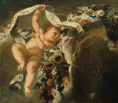 Putto avec guirlande de fleurs et banderole - Peter Strudel