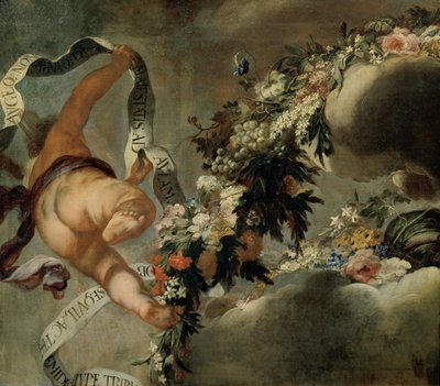 Putto avec filetage de fleurs et banderole - Peter Strudel