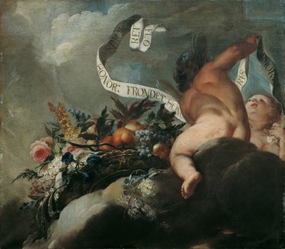 Deux putti avec des fleurs, des fruits et une banderole - Peter Strudel