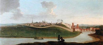 Vue de Chester, avec deux figures au bord de la rivière au premier plan - Peter Tillemans