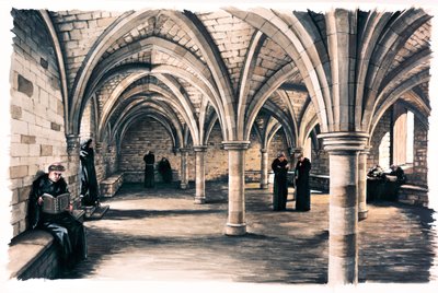 Moines dans la salle commune de l
