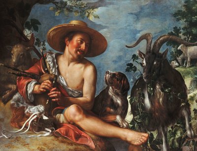 Un berger jouant de la flûte sur une colline, un chien et son troupeau à proximité - Peter Wtewael
