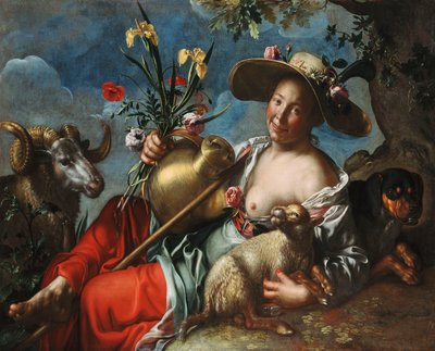 Une Bergère Allongée avec un Lapin, un Chien et un Bélier - Peter Wtewael
