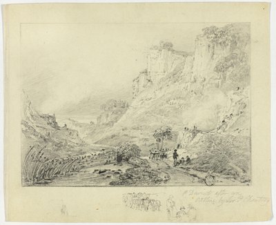 Figures et charrette à cheval dans un paysage avec falaises - Peter de Wint