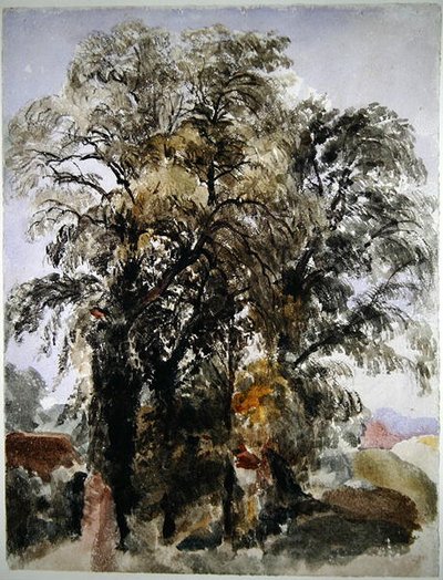 Arbres avec bâtiments de ferme au loin - Peter de Wint