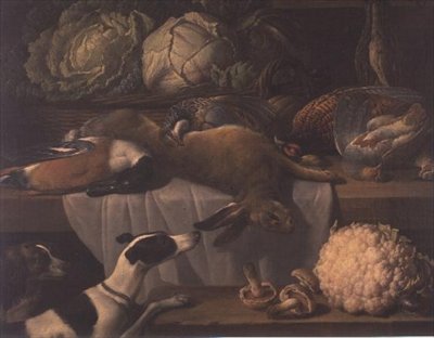 Gibier mort et légumes dans un garde-manger - Peter van Boeckel