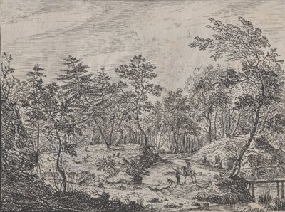 Paysage forestier avec un cavalier conversant avec un homme au centre, un pont à droite, 1716 - Peter von Bemmel