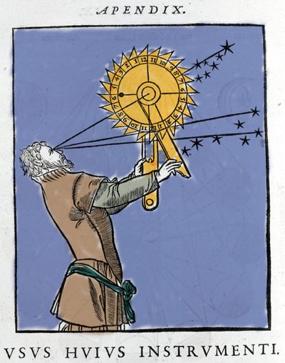 Dessin par Apianus (1539) Utilisant un dispositif pour calculer le temps en relation avec les étoiles la nuit. Cosmographia par Pietro Apiano, Paris 1551. - Petrus Apianus