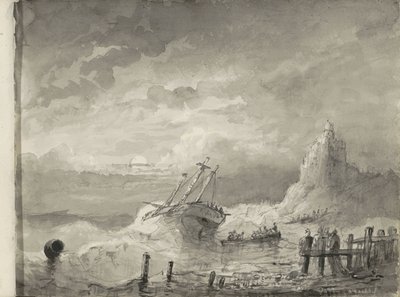 Navire en détresse devant une côte - Petrus Johannes Schotel (circle of)