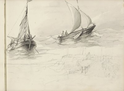 Deux voiliers avec des personnages en mer - Petrus Johannes Schotel (circle of)
